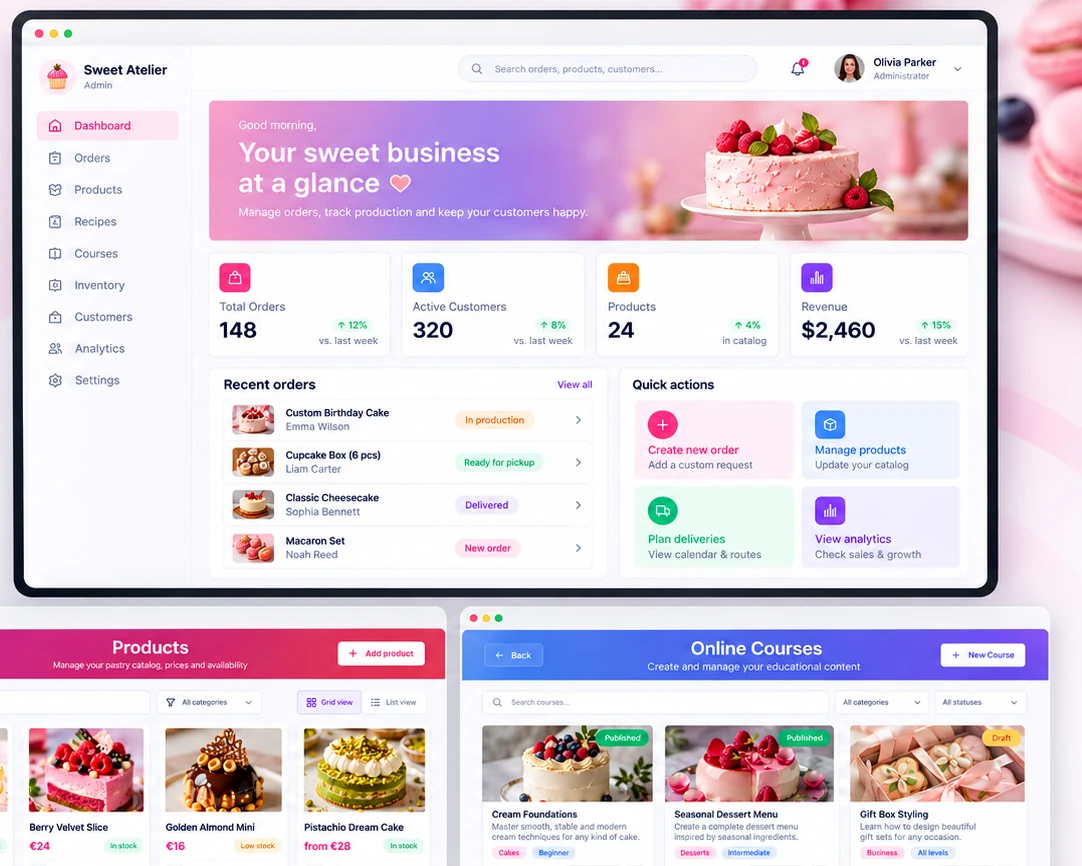 Administration dashboard with navigation for orders, products, recipes and courses, summary cards, recent orders and quick actions.