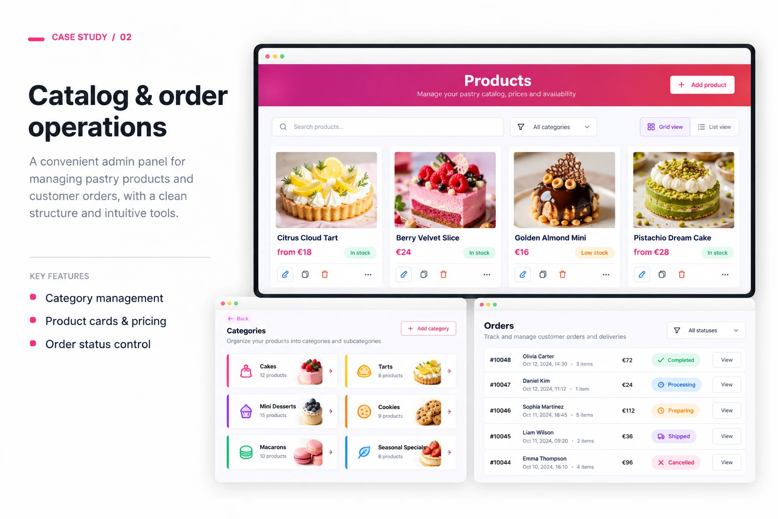 Product management grid with stock labels, category management with product counts, and an orders list with processing statuses.
