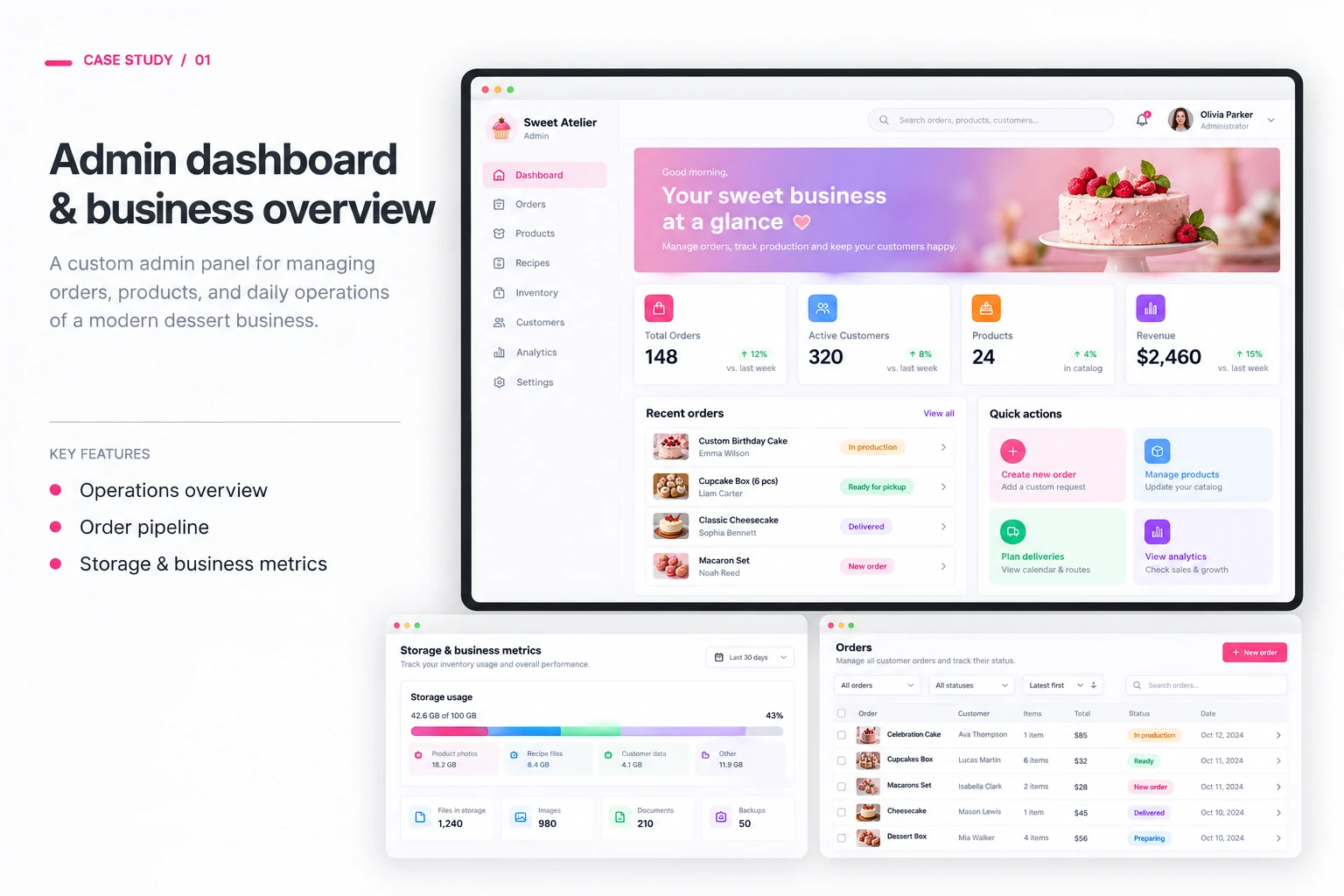 Administration dashboard with summary cards, recent orders with statuses and quick actions, plus storage usage metrics and a filterable orders list.