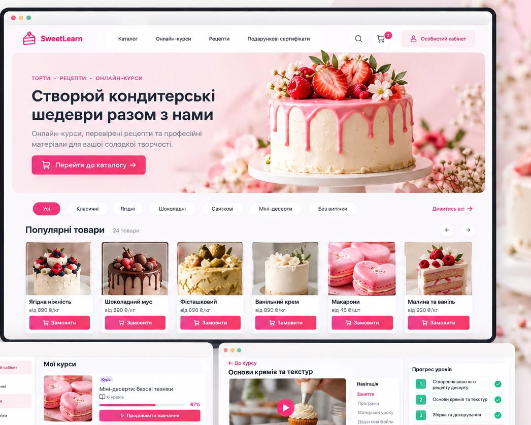 Storefront with a featured cake banner, category filters and popular products, above a customer course list and a video lesson with progress tracking.