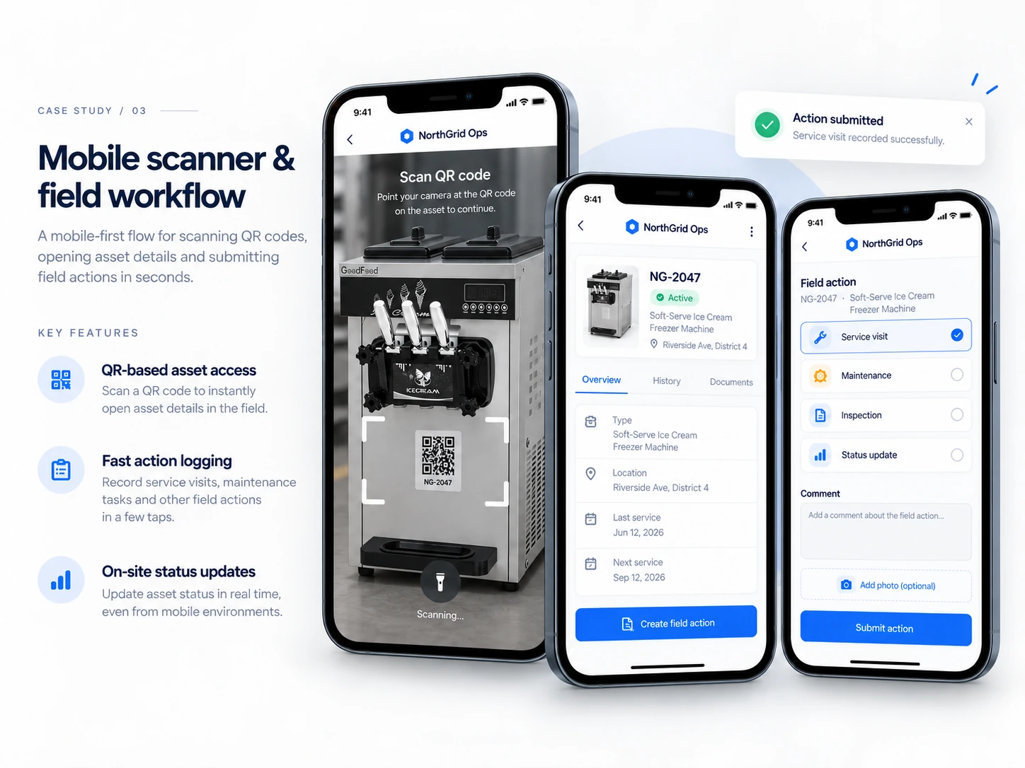 Three mobile screens: scanning a QR code on a freezer, the asset detail card with service dates, and a field action form for submitting a service visit.