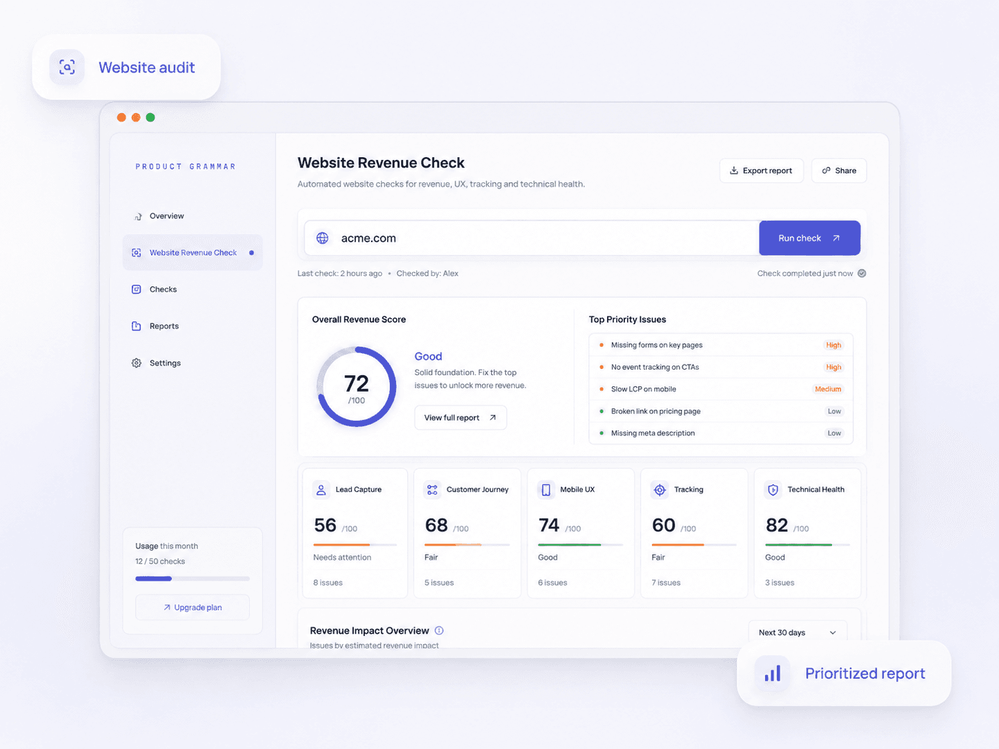 Website Revenue Check dashboard showing a website score and prioritized issues.